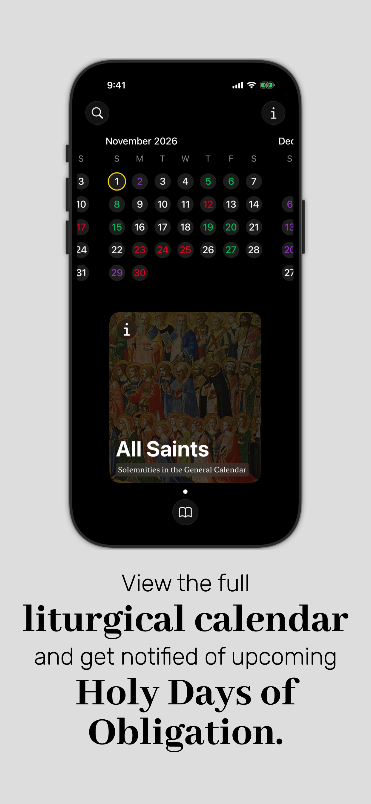 Liturgical calendar view showing November 2026 with feast days highlighted
