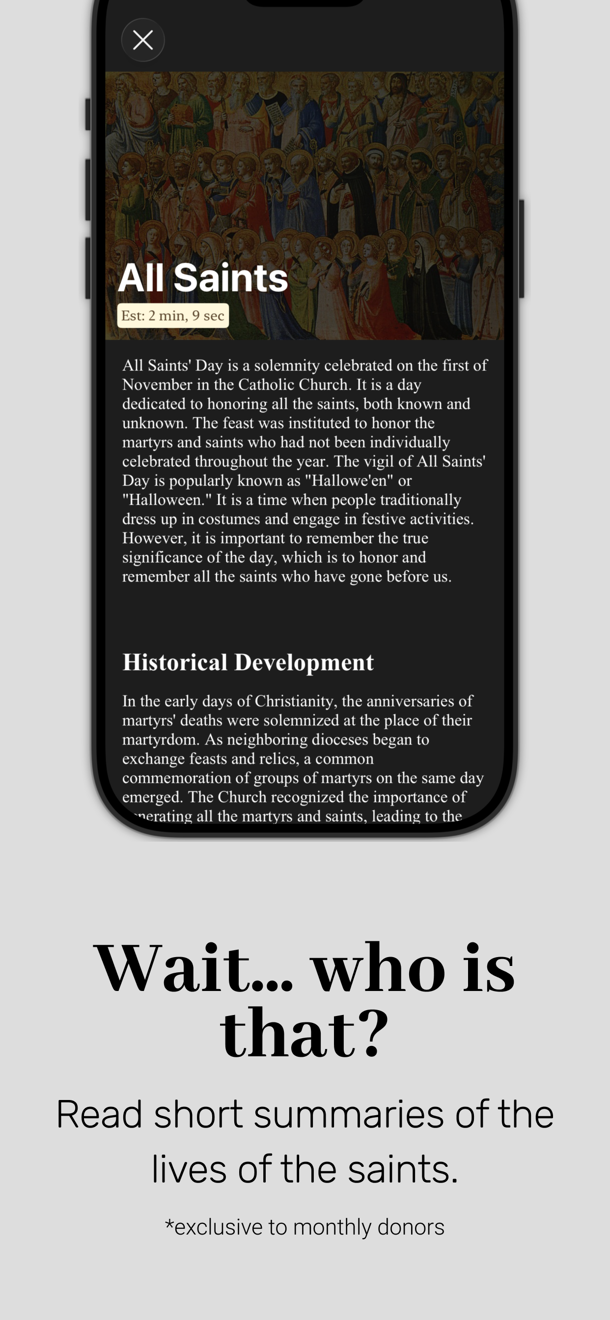 Saint biography screen showing All Saints Day with historical background