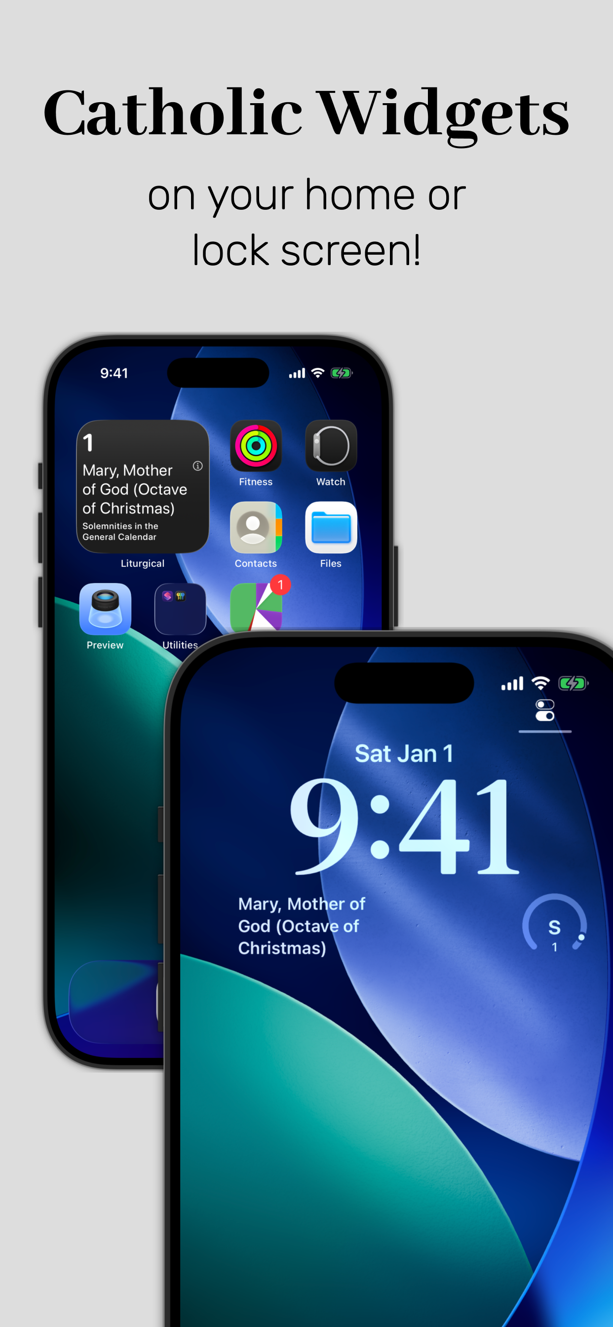 Catholic widgets on iPhone home screen and lock screen showing today's feast